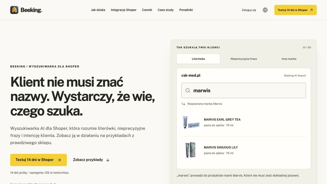 Rzeczywista strona Beeking.io z przykładem wyszukiwania produktów Marvis